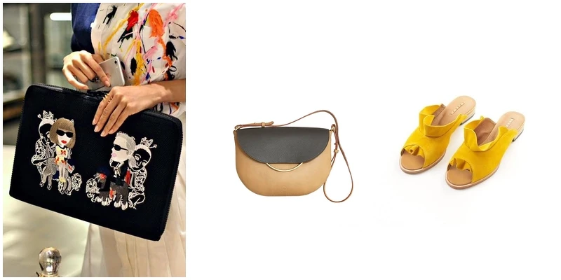 由左至右：AXES選品，Just In Case春夏新品、LLAGUT肩背包、ZOODY櫻花草黃手工鞋