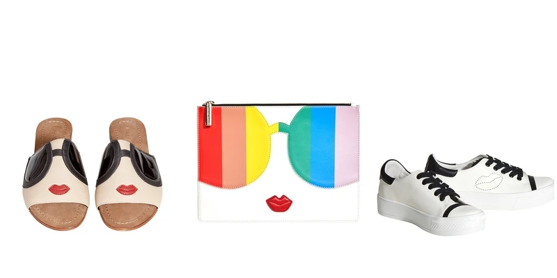 由左至右：alice+olivia Stace Face拖鞋、彩虹Stace Face手拿包、白色嘴唇運動鞋