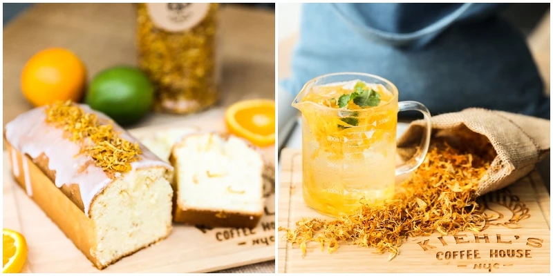 Kiehl’s Coffee House 2017年夏季「金盞花沁涼夏日限定組」(左為金盞花香橙磅蛋糕NT130、右為金盞花薄荷氣泡飲NT140)