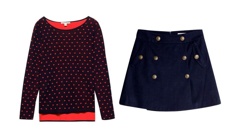 圓點針織衫，NT$2490/雙排釦短裙，NT$2490