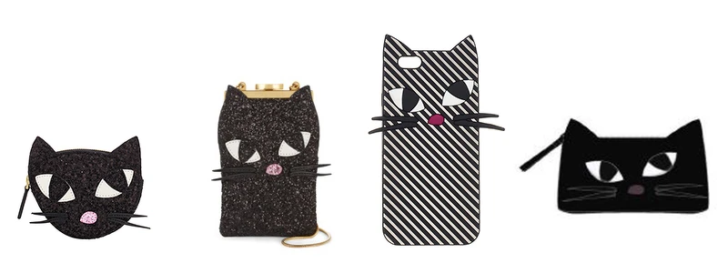 (由左至右) 貓咪亮片零錢包NT3,680/ 迷你貓咪側背包NT 7,280/ 貓咪手機套NT2,180/ 貓咪漆皮化妝包NT3,980