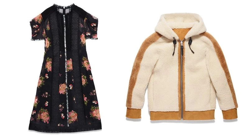 花卉圖案蕾絲雪紡洋裝NT32,800、翻皮羊毛連帽外套NT78,800。 花卉圖案蕾絲雪紡洋裝NT32,800、翻皮羊毛連帽外套NT78,800。