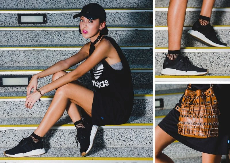 黑色LOGO背心洋裝,NTD 1,690;NMD_R1 PK純黑編織款,NTD 6,800 /all by adidas Originals(帽子、包包為個人私物)