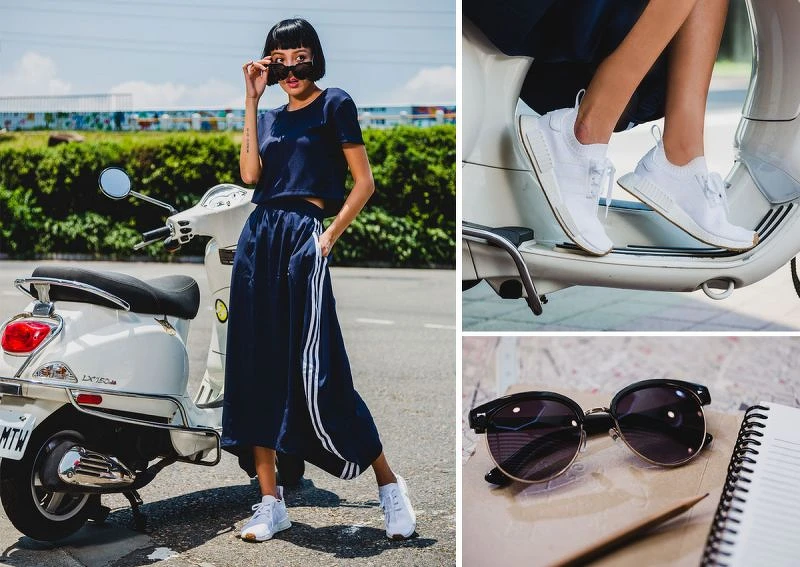 NMD系列短版T-Shirt,NTD 1,490;不規則剪裁寬裙,NTD 2,890;NMD_R1 PK全白款,NTD 6,800 /all by adidas Originals