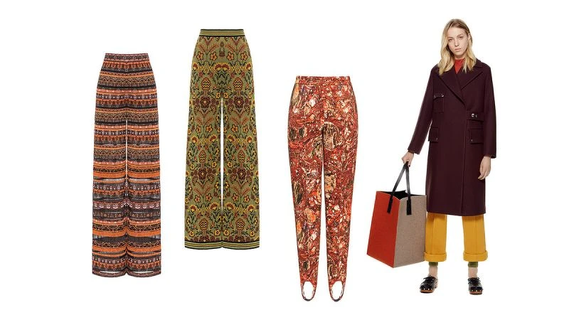 拼接透紗針織寬版長褲，東歐緹花圖案長褲，藝術圖紋印花踩腳褲，芥末黃打褶褲，all by M Missoni。