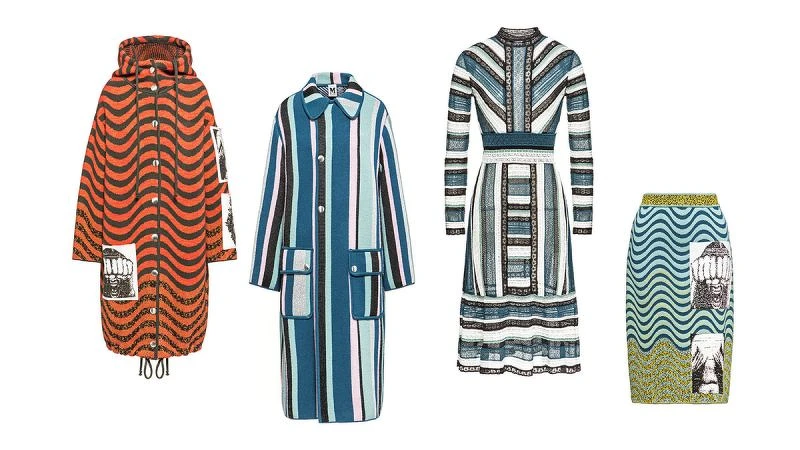 拼貼圖像波紋連帽大衣，不規則條紋長大衣，拼接蕾絲條紋針織洋裝，拼貼圖像波紋針織窄裙，all by M Missoni。