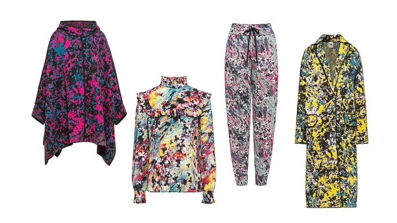 螢光色系藝術圖紋斗蓬披風外套，荷葉邊飾多彩上衣，束繩彩繪長褲，數位圖紋針織長大衣，all by M Missoni。
