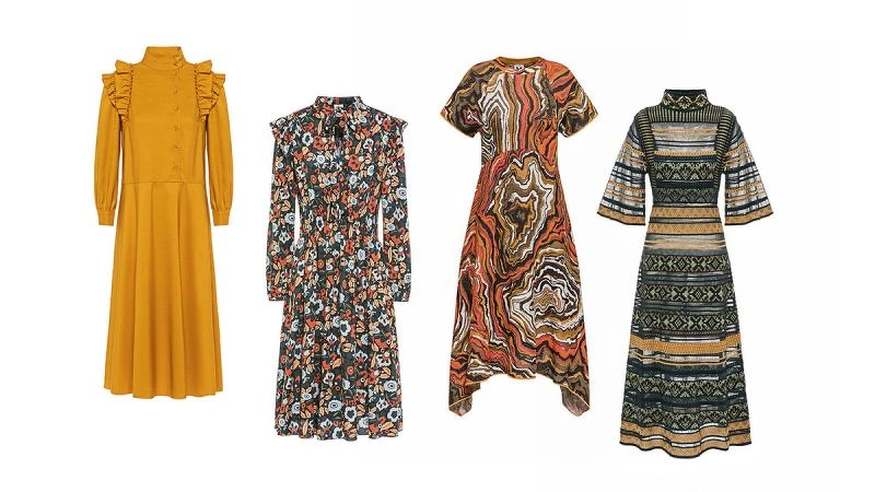 芥末黃長袖洋裝，復古印花洋裝，藝術圖紋針織洋裝，透紗拼接針織洋裝，all by M Missoni。