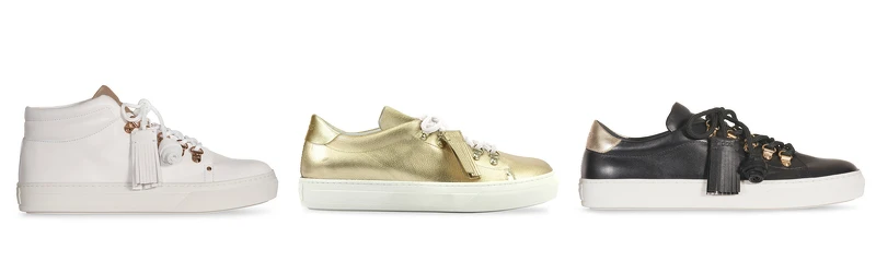 TOD'S白色登山靴飾釦皮革高筒運動鞋，NT26,200；TOD'S金色登山靴飾釦皮革運動鞋，NT25,200；TOD'S黑色登山靴飾釦流蘇皮革運動鞋，NT25,200。