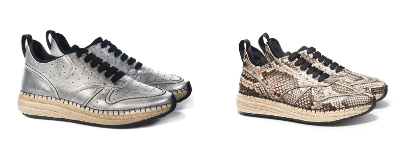 TOD'S銀色草編皮革運動鞋，NT27,200；TOD'S蛇皮草編運動鞋，NT52,400。