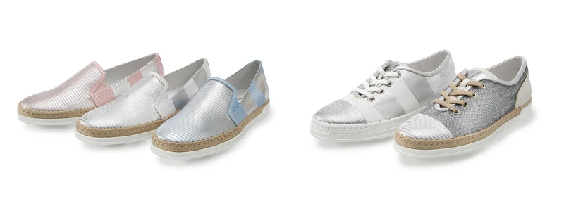 TOD'S光面條紋草編休閒鞋，NT18,400；TOD'S光面條紋繫帶休閒鞋，NT21,400；TOD'S金屬皮革繫帶休閒鞋NT19,900。