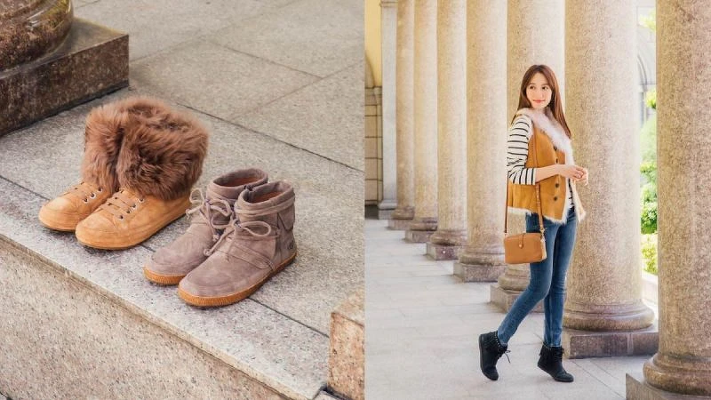 Antoine毛毛休閒鞋 NT.7500（左）Reid 綁帶短靴 NT.5500（右）/ Toscana 翻皮羊毛背心 NT.52500；Olive 斜背包 NT.9200；Alexia 流蘇短靴 NT.5800