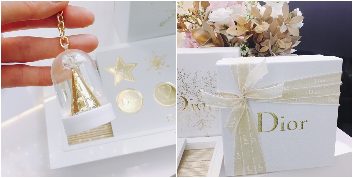 「金蔥緞帶上閃閃發光的Dior Logo，還有精緻迷你水晶球」跟著迪奧寶石絕色聖誕彩妝系列上市的美麗包裝驚喜