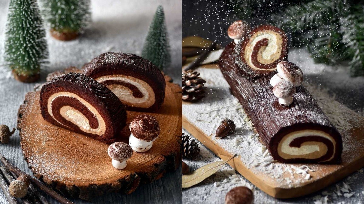 蛋糕上的小蘑菇太Q！耶誕限定，貳樓推出「巧克力榛果樹輪聖誕捲」