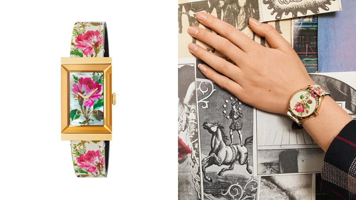 Gucci嶄新的花卉腕錶，其優雅的金框和古典的彩繪圖騰，無疑是復古女孩的最愛！