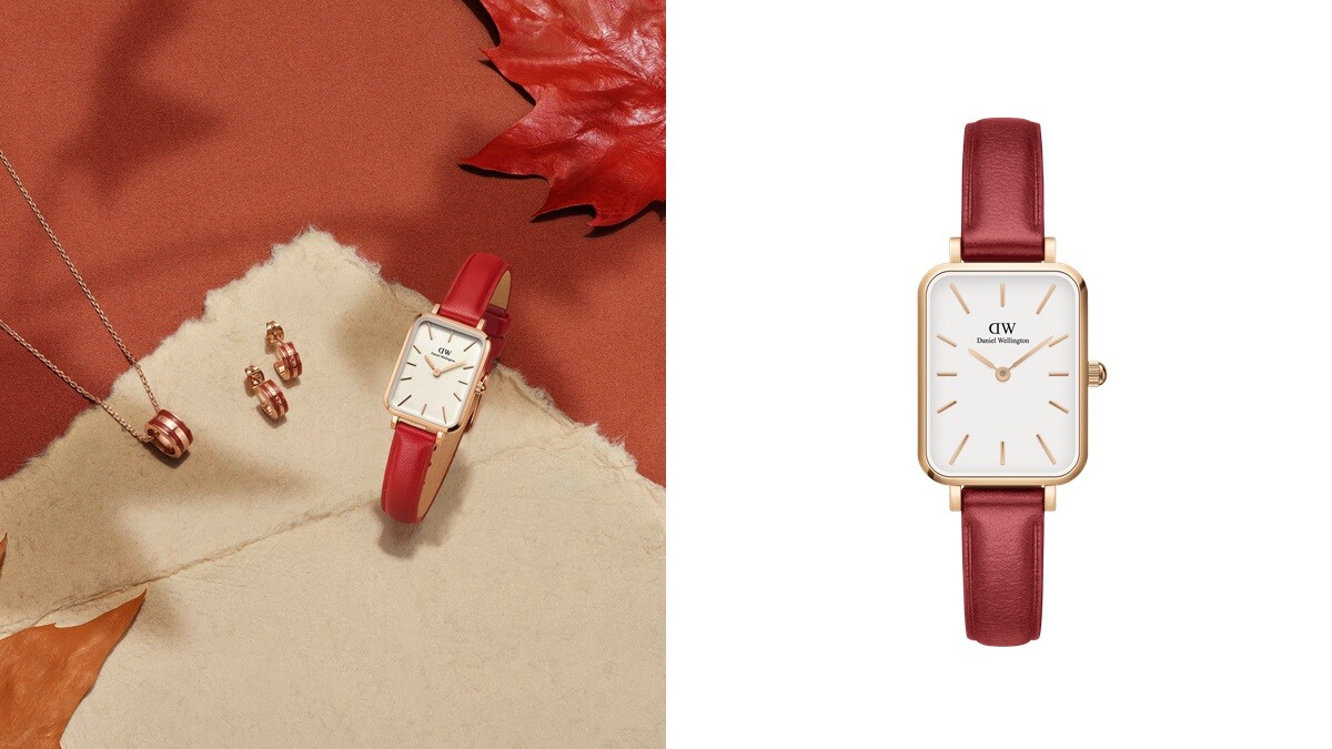 DW氣質方錶Quadro推出楓葉紅新色，2種尺寸、蛋殼白錶面、專屬玫瑰禮盒
