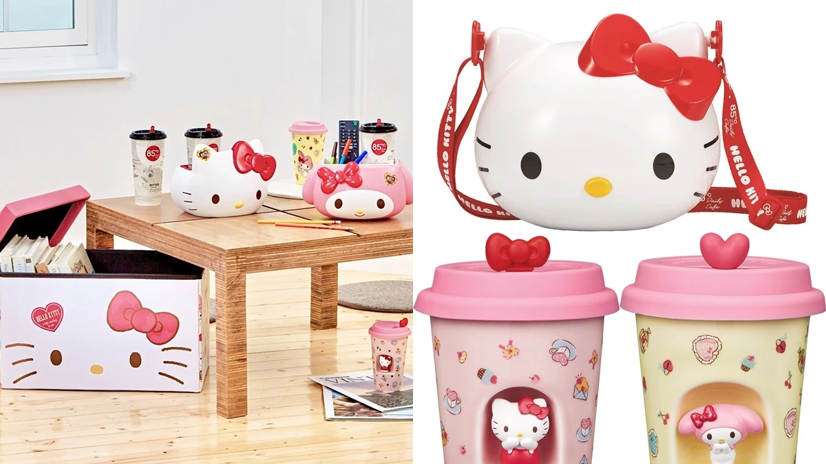 KITTY迷快衝！85ºC攜手HELLO KITTY&MELODY推5款加購商品，必買收納箱、陶瓷杯、凱蒂貓大頭造型雪餅禮盒