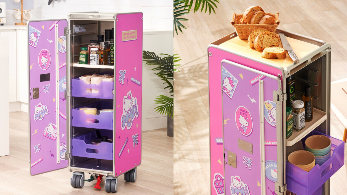 長榮航空Hello Kitty餐車限量開賣！夢幻粉紫色外型、輕巧好移動，吃貨必備的下午茶零食櫃