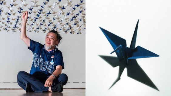 東奧會徽創作者「野老朝雄」來台舉辦"連結"展,手摺千紙鶴,祈願台灣和平