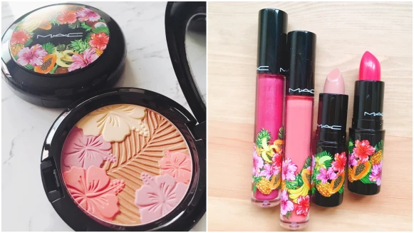 「一打開來是三色的扶桑花,同時擁有粉霧、絲光與珠光」外包裝點綴著木瓜、鳳梨圖案的這塊M.A.C花漾修容餅好夏天