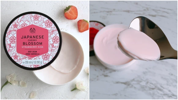 「挖起來簡直就像草莓優格一樣滑順，聞起來還是櫻花加上草莓香」The Body Shop日本櫻花親親身體乳霜甜蜜來襲