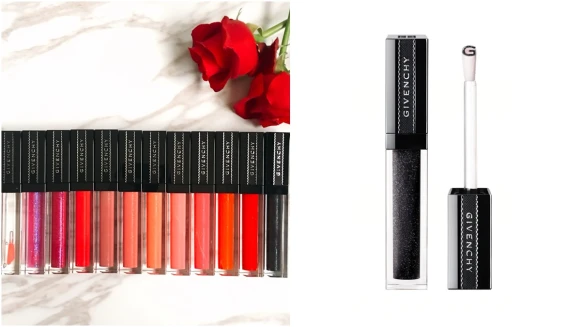 這種極致鏡面的漆光感也太美了！紀梵希全新推出12支「禁忌之吻水凝光唇釉」，#16黑色馬甲單擦就有紅潤感