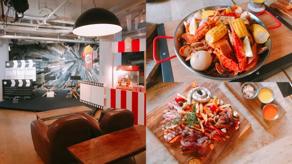 海鮮大拼盤、芒果酪梨沙拉、還有手拉啤酒機！放假就到西門amba酒店開個電影派對吧