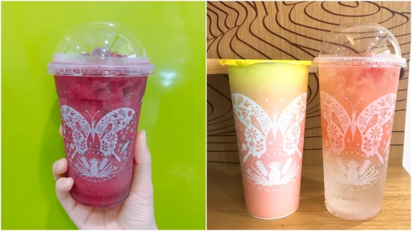 大苑子把一整顆新鮮火龍果打成透心涼「百變火龍冰沙」，還有加了芒果的「仲夏戀習曲」