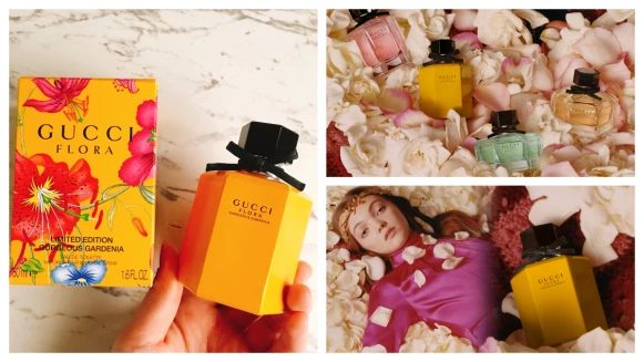 濃郁艷黃色六角瓶身繫上黑色皮革蝴蝶結 Gucci Flora Gorgeous Gardenia華麗梔子花女性淡香水彩豔限量版香氛復古亮相