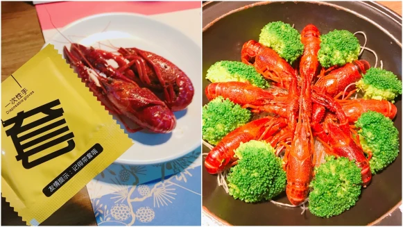 貼心備有套套讓你不髒手手！劉震川日韓大食館推出小龍蝦痛風鍋，煮完小龍蝦的鍋底拿來熬粥才是內行