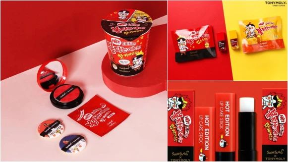 辣到噴火的辣雞麵變身彩妝！TONYMOLY推出5款SAMYANG辣雞麵聯名彩妝系列，杯麵設計的氣墊粉餅好想收藏
