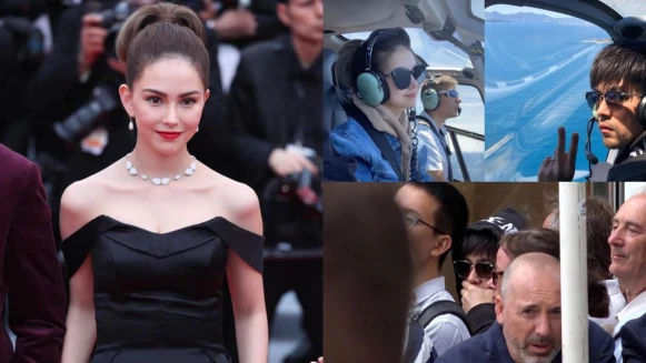 亮麗現身坎城紅毯，霸道總裁周杰倫直升機親送、場邊默默守候，昆凌甜喊：「謝謝場外墨鏡男。」
