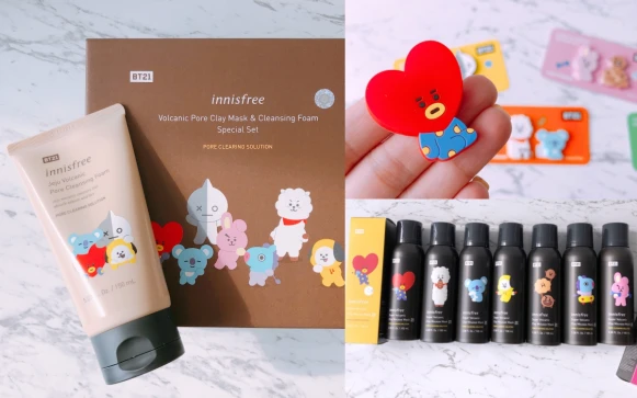 innisfree攜手BT21推出海外獨家聯名「超級火山泥面膜、潔淨慕絲」,還有專屬髮帶、磁鐵的特製贈品,連韓妞都想來台灣掃貨
