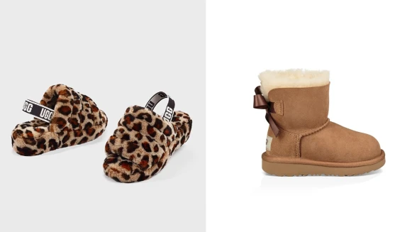 禦寒神器UGG毛茸茸FLUFF YEAH涼鞋推出豹紋款，還有童鞋系列的蝴蝶結經典雪靴