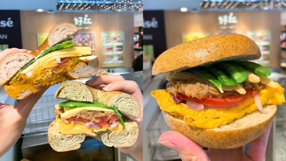 好丘首度推出2款新口味「溫沙拉貝果堡」！內夾九層塔起司蛋，趕快外帶一顆開吃了