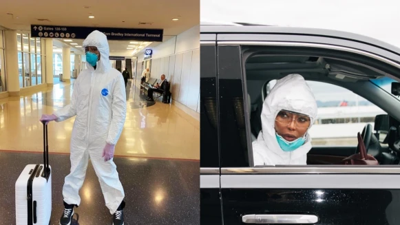 娜歐蜜坎貝兒「防疫機場時尚」最強典範！全套防護裝包緊緊，護目鏡也戴起來，高喊：Safety First