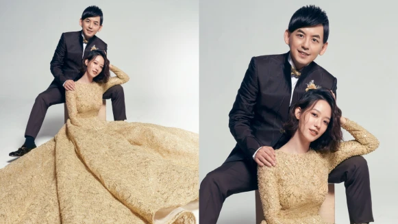 黃子佼曝光絕美婚紗照!孟耿如身穿金色長禮服,小倆口甜蜜放閃