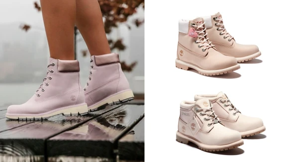 Timberland默默再上架櫻花粉拼接短靴，還有愛心刺繡圖案的霧灰粉高筒靴