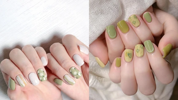夏天就要一抹綠！濃淡抹茶綠色系的美甲指彩範本25款推薦，小清新花朵、幾何線條、渲染水彩通通有