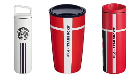 星巴克首度和FILA聯名啦！紅、藍、白經典三色結合條紋，一系列運動風杯款、包袋時髦上市