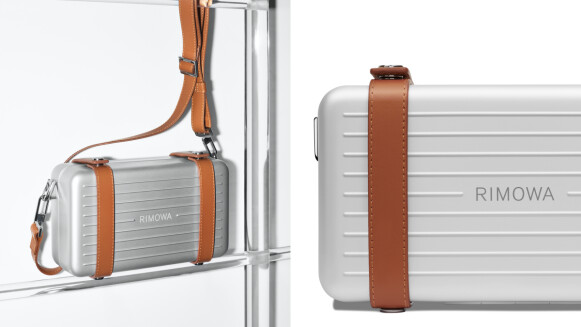 RIMOWA Personal硬殼小包回歸鋁鎂合金經典銀，配上焦糖色皮革背帶細節滿滿
