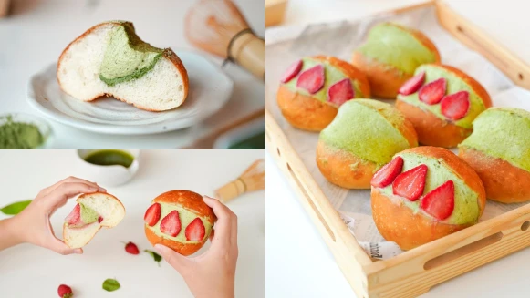 抹茶粉快吃！高雄人氣美食《奧瑪烘焙》攜手《辻利茶舗》推出爆餡「抹茶草莓羅馬生乳包」