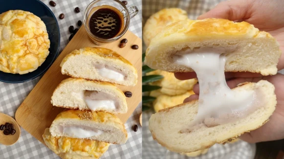 85度C推芋泥拔絲菠蘿麵包新品！芋頭麻糬牽絲內餡太誘人