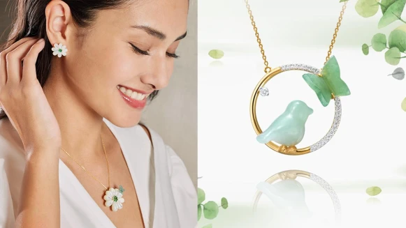 設計師林曉同以情感珠寶打造「幸福花園」，將青鳥、綠蝶與盛開雛菊化作幸福祝願，凝存身際隨玉而安！
