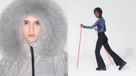 Fendi Capsule系列FF Logo滑雪服、護目鏡、銀白頭盔，為滑雪之旅準備