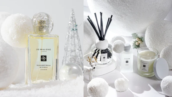 雪白Jo Malone London太夢幻從瓶身、禮盒都覆蓋著純淨白雪,大推午夜麝香與琥珀,連瓶蓋都飄雪花!聖誕香氛掛飾、香氛拉炮價格超甜送禮很OK!