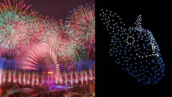 2023劍湖山跨年煙火長達13分14秒！400台無人機拼出「戽斗星球兔兔」，配漸變色彩摩天輪煙火震撼視覺
