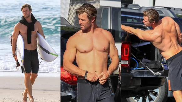 雷神克里斯漢斯沃又來放送肌肉了!海灘衝浪宛如拍攝大片,古銅色胸肌、背肌太養眼