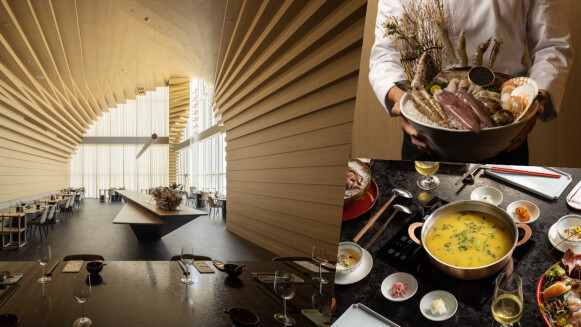 建築師隈研吾以海蝕洞意象打造「明粵火鍋」餐飲空間，匯聚三款特色鍋底、頂級魚鮮肉品、私房料理