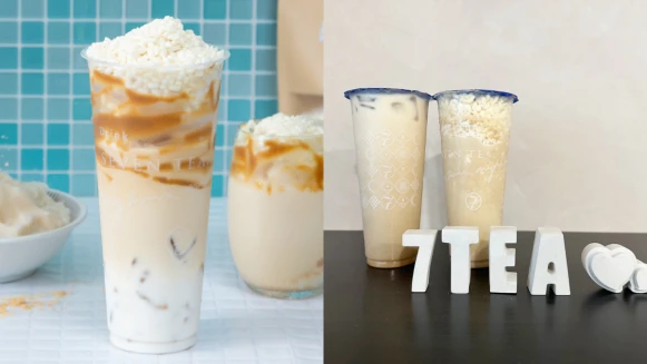 七盞茶復刻兒時回憶，2款麵茶手搖飲香氣十足，小農鮮乳加入米果超誘人